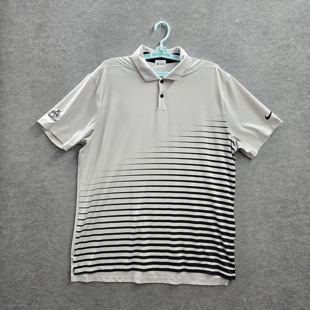 Nike Men Polo L White Striped Vapor Swoosh Logo Dri Fit Golf Short Sleeve